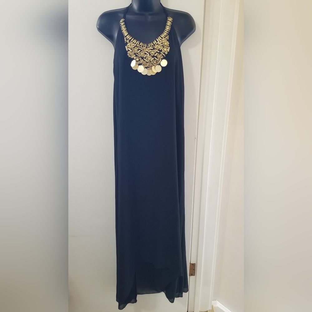 Boohoo Black Halter Maxi Dress Beaded Neckline Boho Festival US 2